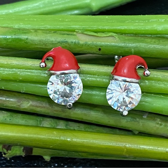 Adorable Enamel Santa Claus Hat Clear CZ Rhinestones Stud Earrings - Picture 6 of 11